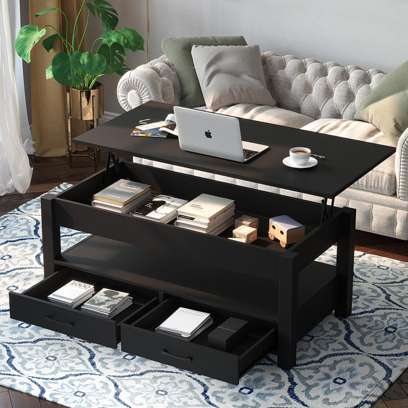 Eoghan Lift Top Coffee Table with 2 Drawers, Black, 18.2" H x 39.4" L x 19.7" W