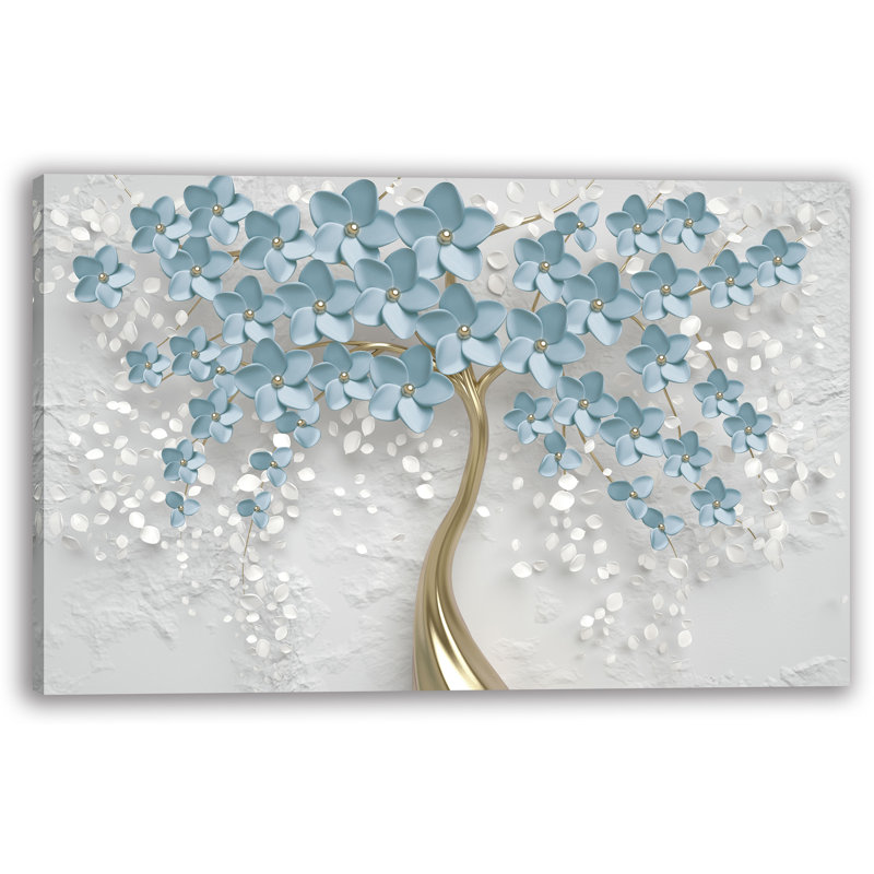«Blue Blossom Tree with Gold Trunk», art mural sur toile tendue, H 36 po x l 48 po x P 1,5 po