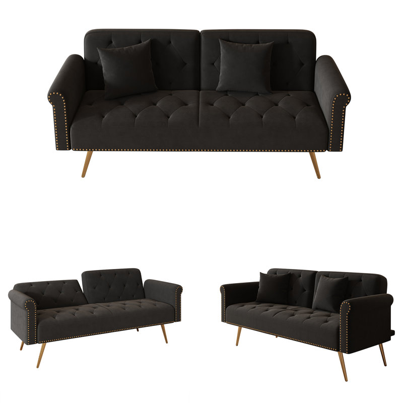 Canapé-lit de 69,7 pouces de long recouvert de tissu de velours, avec garniture cloutée et accompagné d'un coussin décoratif assorti