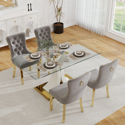 Ensemble de table de salle à manger rectangulaire en verre trempé, table de salle à manger de luxe avec chaise capitonnée pour salle à manger