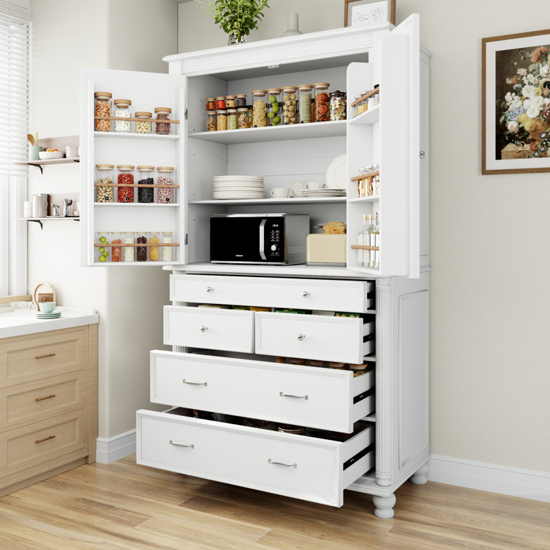 Grand garde-manger autoportant avec 6 tablettes de porte, 2 tablettes réglables et 5 tiroirs pour un rangement et un rangement spacieux