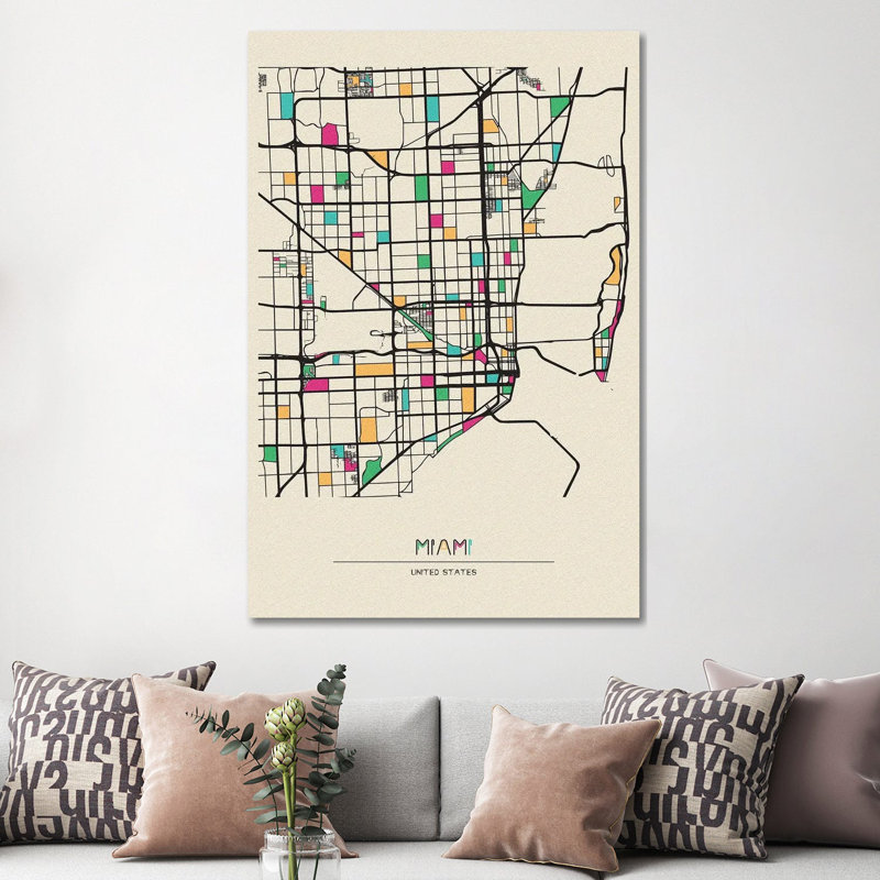 Miami, Florida Map par Ayse Deniz Akerman - Estampe numérique sur toile tendue avec châssis, H 12 po x l 8 po x P 0,75 po