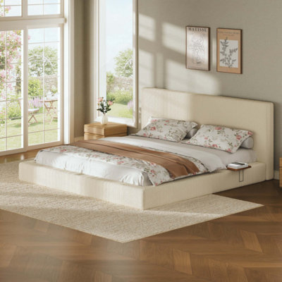 Cloud Corduroy Upholstered Platform Bed Frame, Adjustable Sliding Headboard Side Shelves, Low Profile Anti-Collision Bed, No Box Spring Needed