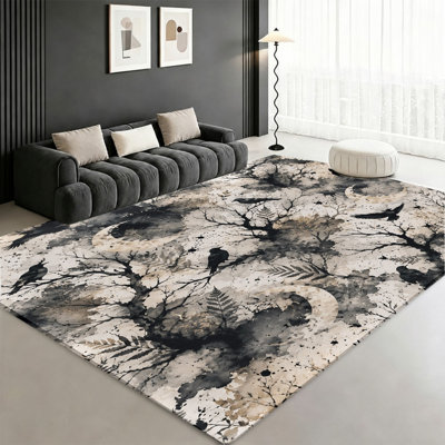 Artistic Raven Moon Tree Area Rug, Gothic Spooky Night Ink Wash Pattern, Machine Washable Comfortable Non-Slip Floor Carpet, Indoor Home Decor for Living Room, Bedroom, Den, Apartment