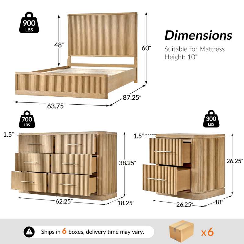 Graciana 4-Piece Fluted Solid Wood Bedroom Set, Natural, Queen