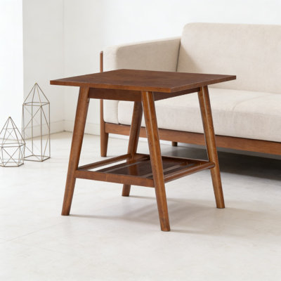 Table de bout de style Mid-Century moderne en finition noyer - Console en bois massif et en placage de bouleau avec tablette de rangement inférieure pour le salon, le bureau ou le meuble audio-vidéo