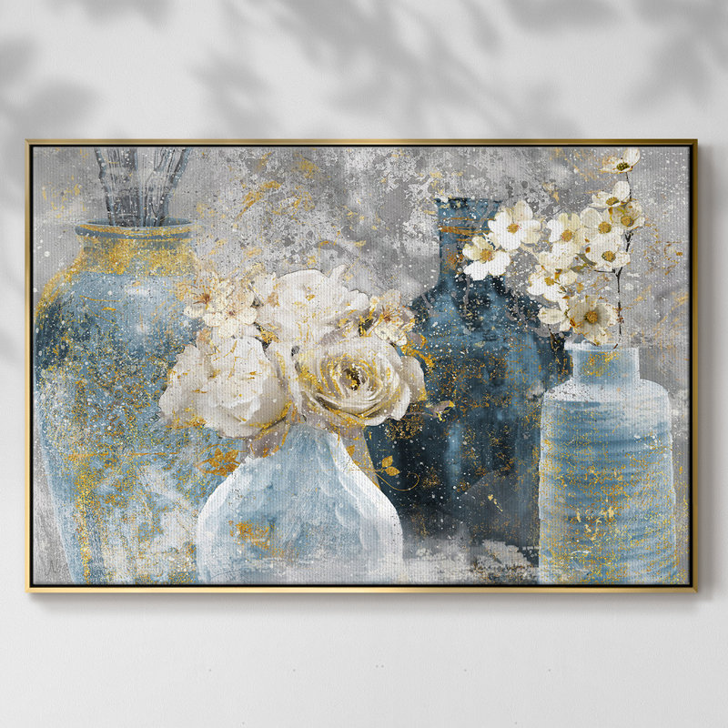 «Vessels And Blooms Blues», reproduction d'art sur toile, H 17 po x l 25 po x P 2 po, Or