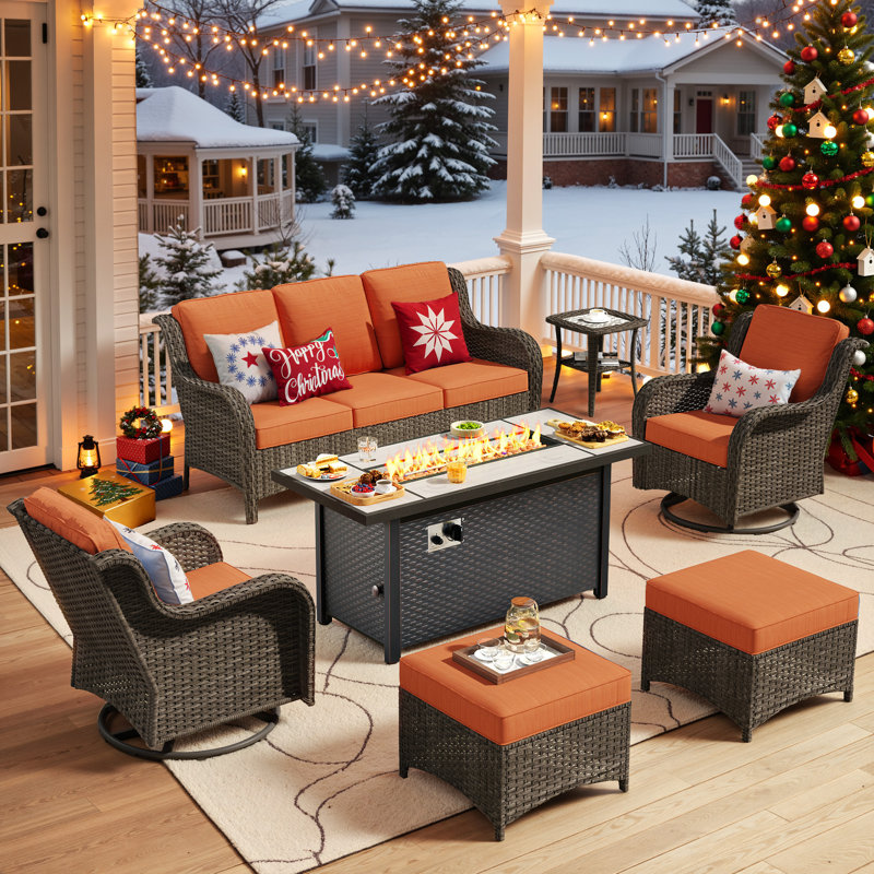 Cracraft 7-Piece Wicker Patio Furniture Set with 54-Inch Fire Pit, All-Weather Outdoor Seating Set, Swivel Rocker Chairs for Backyard, Porch, Poolside, Garden, Deck