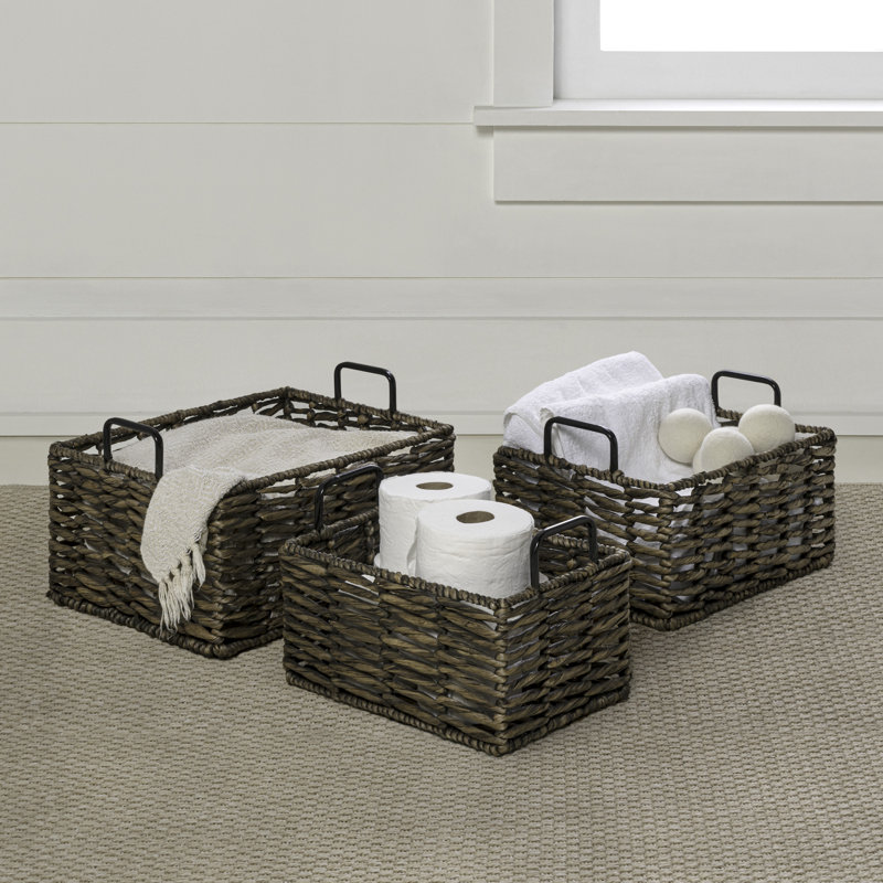 Savoy Coastal Farmhouse Handwoven Water Hyacinth Nesting Storage Baskets with Metal Handles (Set of 3), Brown