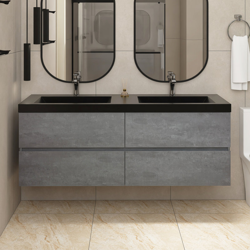 59.06 In. W X 19.69 In. D X 22.44 In. H Double Sinks Wall Mounted Bath Vanity In Grey With Black Solid Surface Top