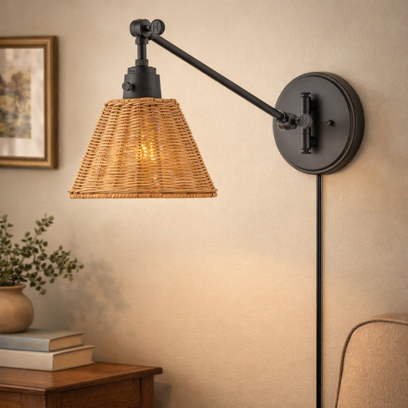 Arti 7.75-in Swing Arm Extendable Single Light Plug-In Sconce with On/Off Switch, Natural