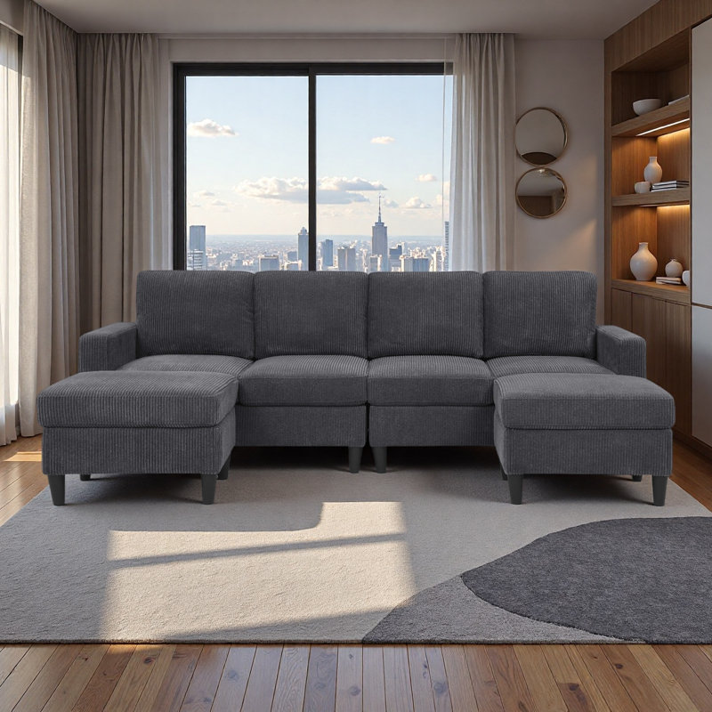 Canapé modulaire rembourré avec 2 repose-pieds, Gris foncé