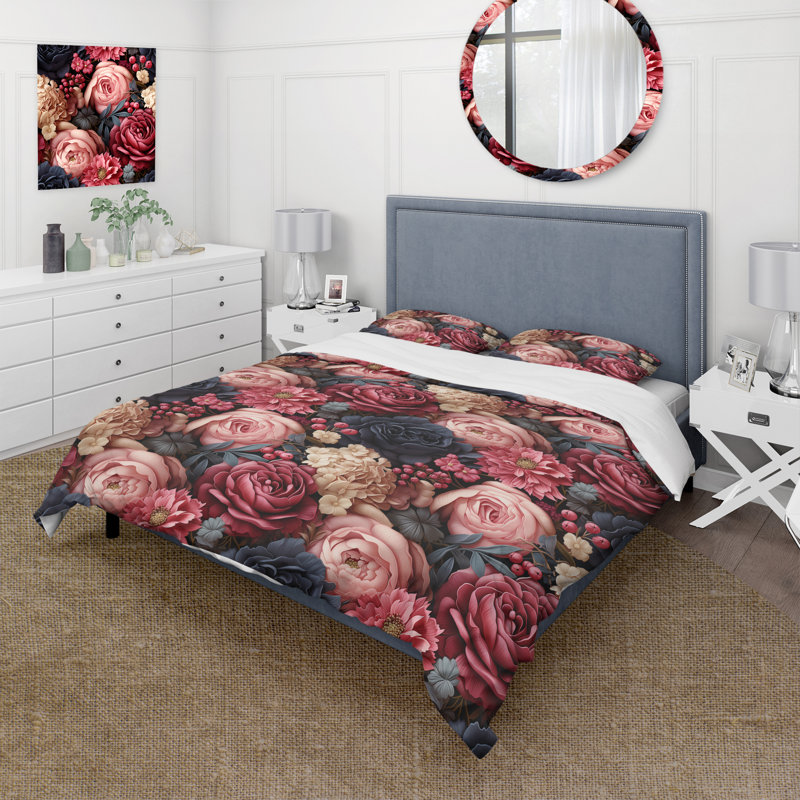Victorian Rose Lavish Floral Motif - Ensemble de housse de couette floral, Housse de couette pour grand lit et 2 taies décor