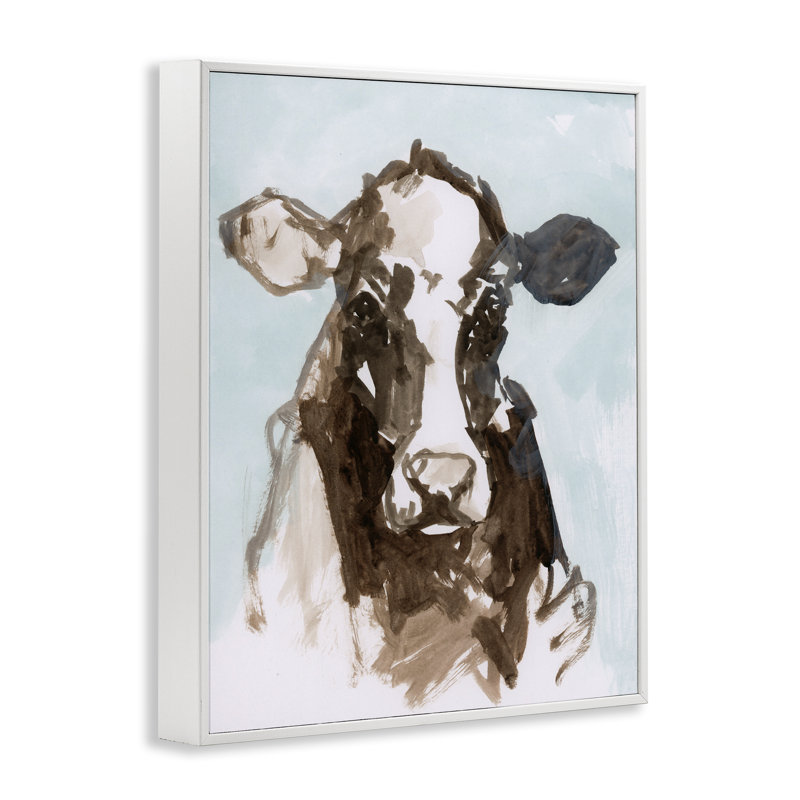 Vache abstraite sur estampe bleue encadrée, design par Casa Cartissi, H 14 po x l 11 po