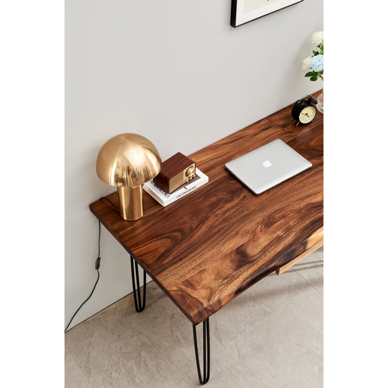 Live Edge Desk with Hairpin Legs and South American Walnut, Live Edge Desk with Drawer Storage, 29.5" H x 34" W x 20" D