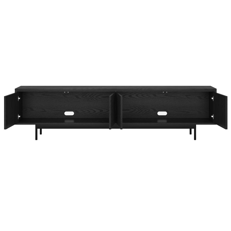 Meuble télé 70 po pour téléviseur de 75 po ou moins avec portes cannelées, rangement et gestion des câbles - Console média Mid-Century moderne grain de noir pour le salon | Whitman