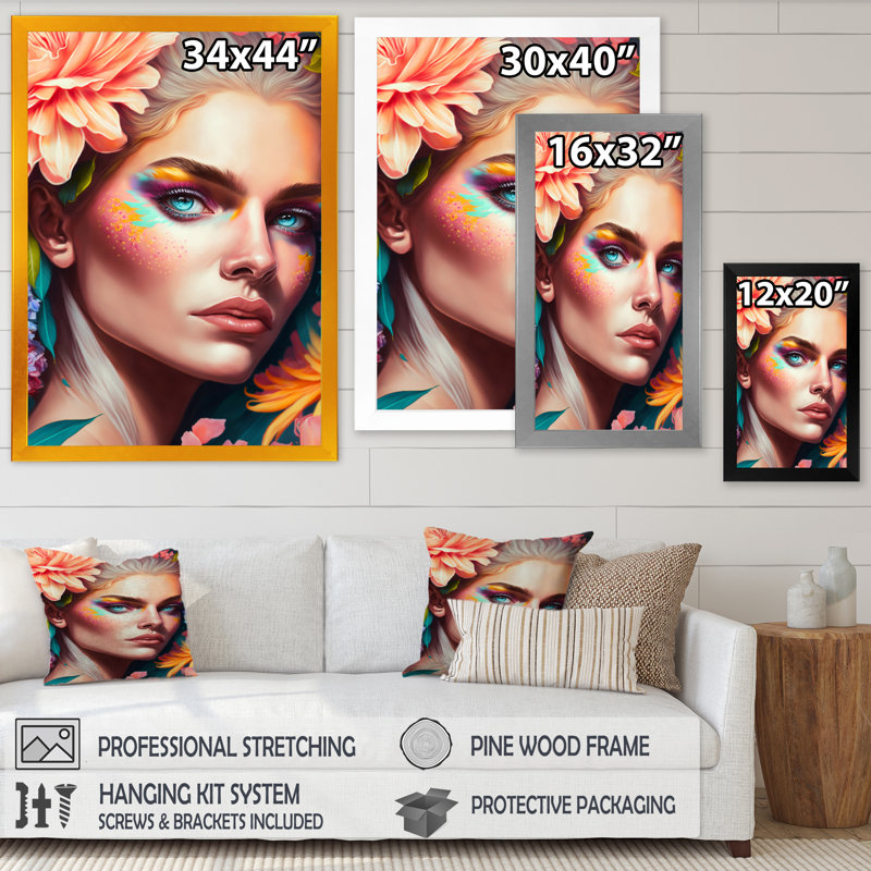 «Floral Sensual Woman Portrait VII», impression sur toile, H 32 po x l 16 po x P 1 po, Encadrement doré