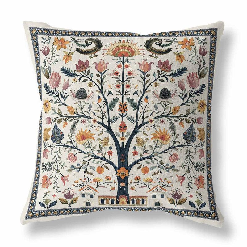 Coussin Indian Folk Art Tree, Multi, Carré 16 po