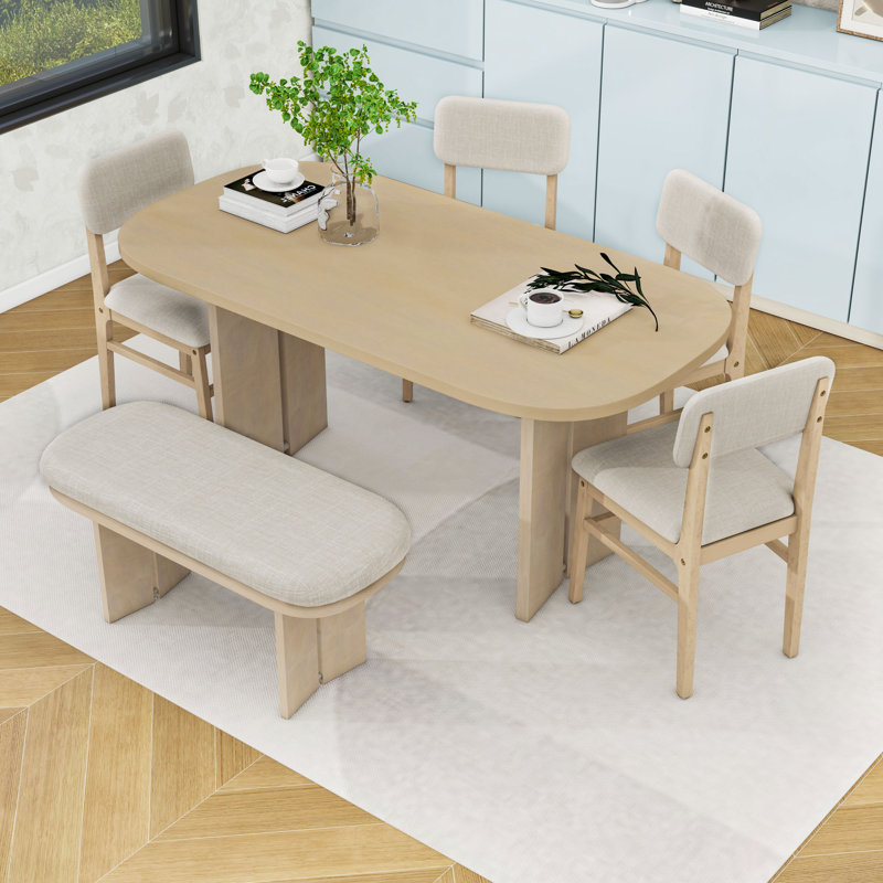 6-Piece Dining Set with Wooden Rounded rectangle Table, Upholstered Chairs and Bench, Natural