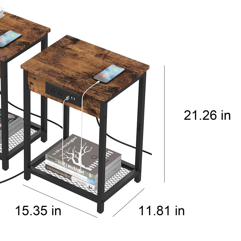 End Table Set and Built-In Outlets, Rustic Brown