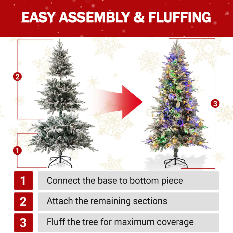 Arbre de Noël artificiel blanc neige 6 pi 6 pi avec 4 modes 8 couleurs, arbre de Noël floqué avec 200 lumières et pinecore, 1000 branches en feutre réfractaire et base pliable pour la décoration des Fêtes