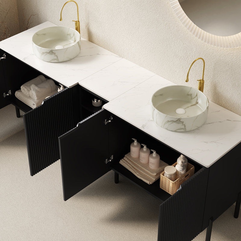 Meuble-lavabo de salle de bain avec lavabo en céramique à motif de pierre et plateau en pierre frittée, 71.81