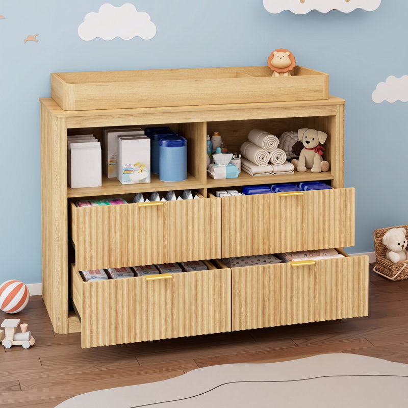 Commode à langer cannelée avec 4 tiroirs et espace de rangement ouvert, table à langer en bois démontable pour chambre d'enfant, maison