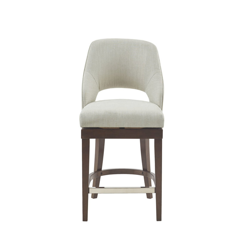 Tabouret de comptoir pivotant à 360 degrés avec revêtement en crème et pieds en bois massif - métal pivotant de style transitionnel, résistance