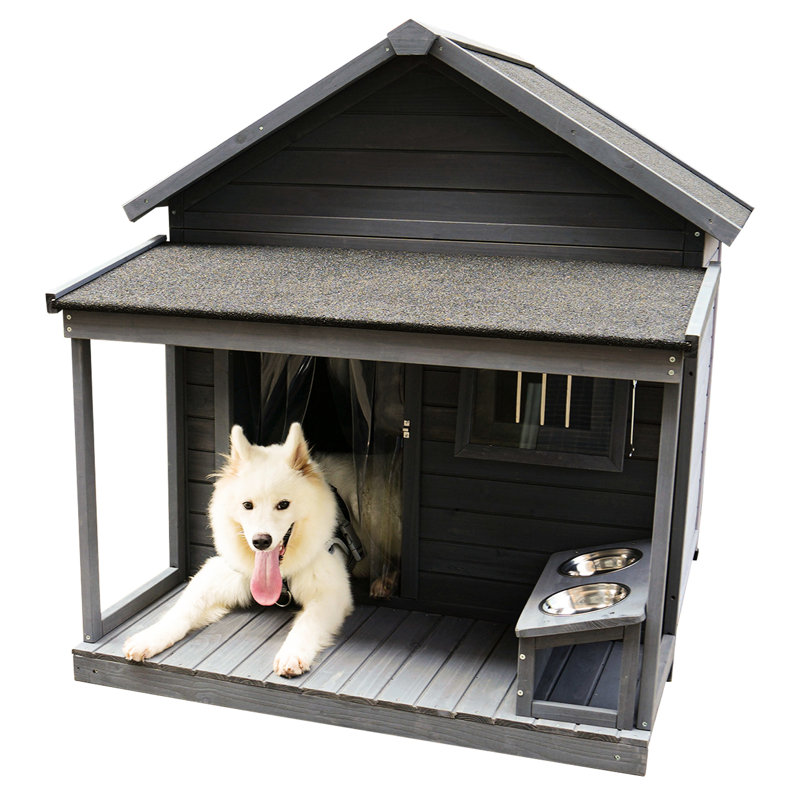 Niche pour chien en bois avec grande terrasse et bol d'alimentation