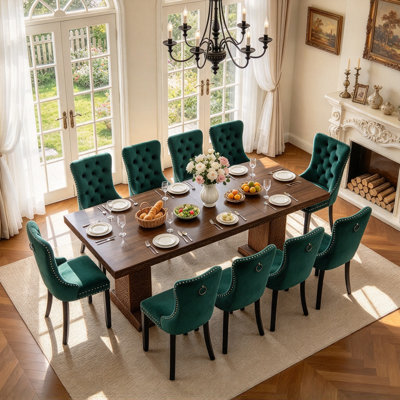 11-Piece Extendable Dining Table Set for 10, 63"-94.5" Walnut Wood Dining Table with 10 Velvet Tufted Chairs,Double Pedestal Base,Mid-Century,Seats 6-10