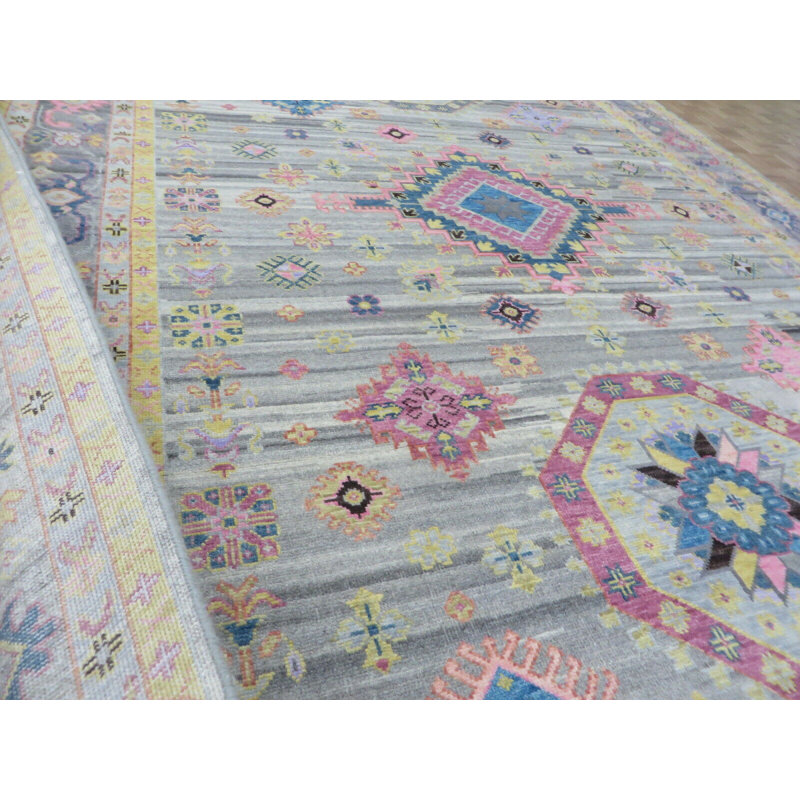 Tapis oriental Oushak noué à la main gris / mauve / rose, Rectangle 9 pi 11 po x 13 pi 11 po