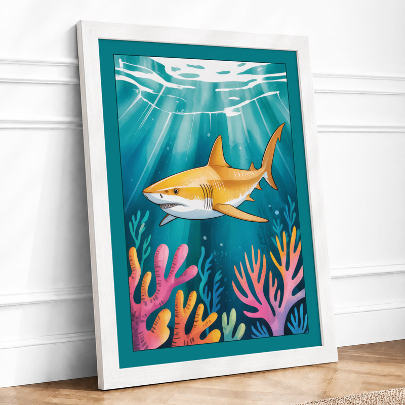Golden Shark Swimming Coastal 1 Piece Single Picture Frame Wall Art, A4 - 29.7 x 21.0 cm, White