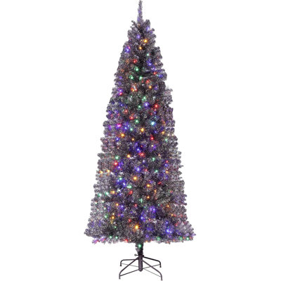 7.5 ft Prelit Pencil Christmas Tree, Artificial Black Xmas Tree with 300 Dual Color LED Lights, Metal Stand & 858 Branch Tips for Home, Office, Halloween Party Decor, Black