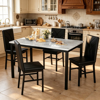 5-Piece Faux Marble Dining Table Set with Diamond-Quilted & Stitched Back Chairs, Modern Kitchen Dining Furniture with Metal Frame
