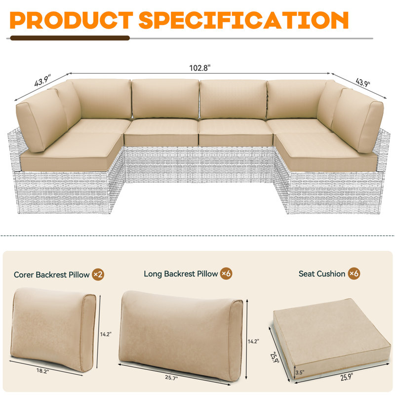 Outdoor Replacement Cushions for Patio Furniture,Water-Resistant Sofa Cushions for Rattan Wicker Sectional Patio Conversation Sets,14-Piece Outdoor Couch Cushions Patio Sofa Cushions