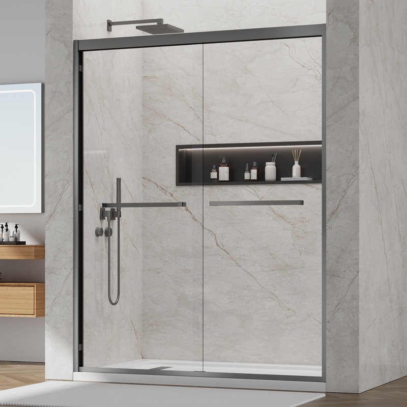 56-60 In. X 76 In Double Sliding Shower Door, 5/16 In Clear Tempered Glass with Nano Coating Easy-clean Grey, Gray