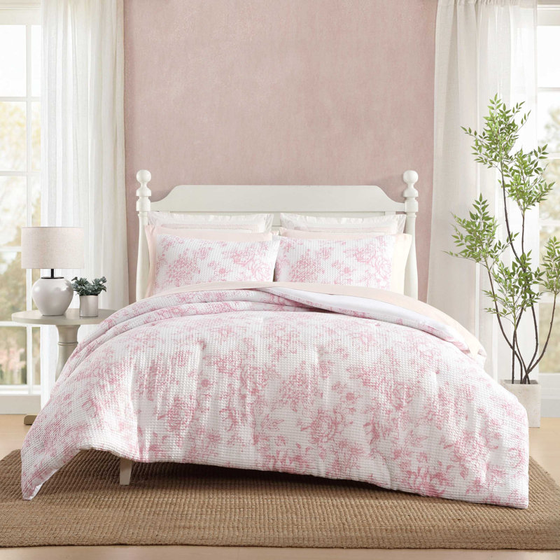 Ensemble d'édredon rose gaufré Laura Ashley Delphine, Édredon pour très grand lit + 2 taies décorativ