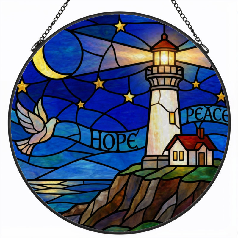 7.8"H Lighthouse Peace Stained Glass Window Panel, 7.8" H x 7.8" W