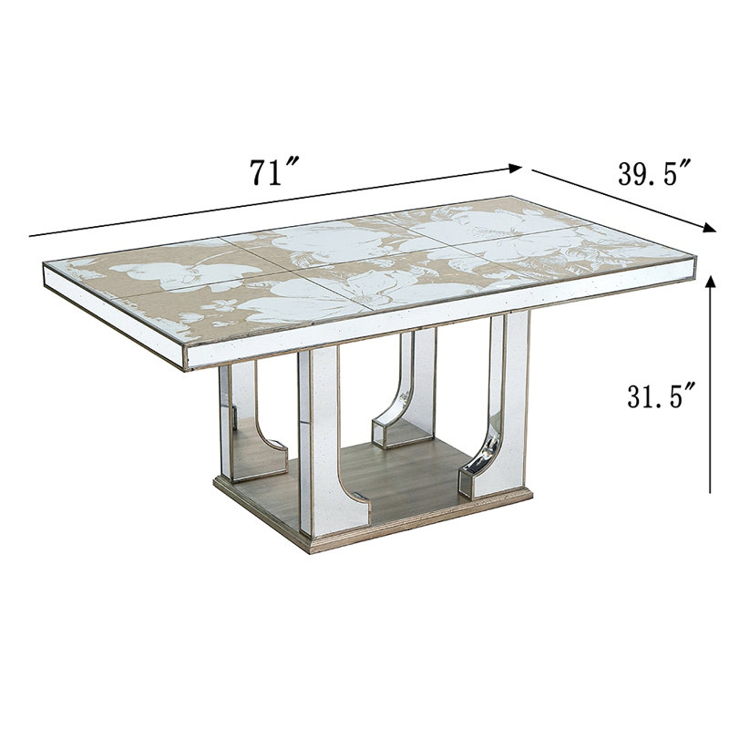 Grande table de salle à manger en miroir avec un élégant motif floral et une finition argentée