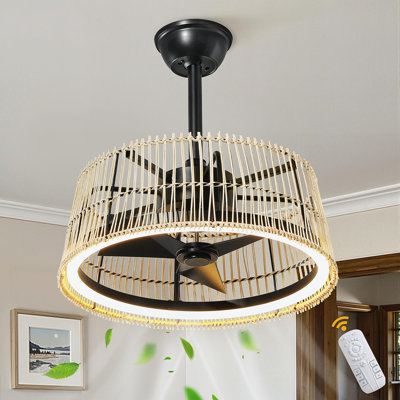 20'' Boho Rattan Ceiling Fan with LED Light and Remote, Reversible DC Motor for Bedroom Living Room