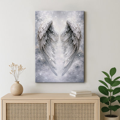 Snowy Angel Wings Ethereal Winter Style Artwork, Calm Bedroom Decor Pictures, Framed Canvas Giclee Print Wall Art
