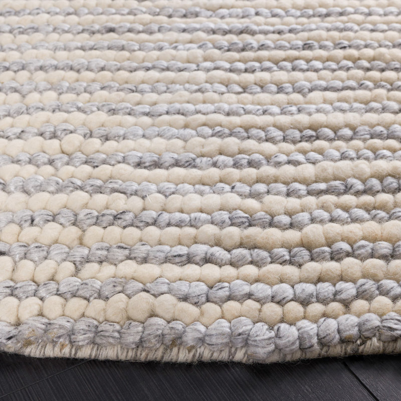 Tapis rayé fabriqué à la main Cleodora en ivoire / gris, Rond 6 pi