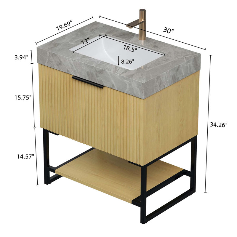 Meuble-lavabo de salle de bain 30 po, meuble de rangement autoportant rayé avec tiroir et tablette ouverte, comptoir en pierre frittée et lavabo encastré en céramique, pré-assemblé
