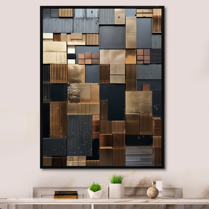 Carreau abstrait brun, charme mosaïque - tuile abstraite, art mural, H 44 po x l 34 po x P 1,5 po, Cadre flottant noir