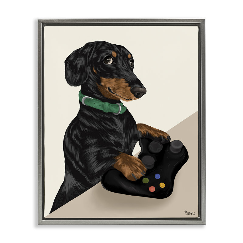 «Gamer Dachshund Dog» par Tara Royle, Cadre flottant gris lustré, H 21 po x l 17 po