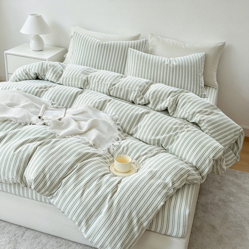 Ensemble de housse de couette en coton lavé rayé 100% coton, White/Sage Green Striped, Twin Duvet Cover + 2 Pillowcases
