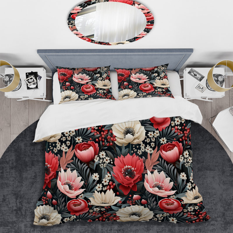 Ensemble de housse de couette Vintage Pink Poppy Flourish Gardens, Housse de couette simple + 1 taie décorative stan