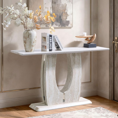 Light Finish Narrow Console Table, 55" Behind Couch Sofa Table with Faux Marble Pattern Top & U-Shaped Base for Entryway Hallway
