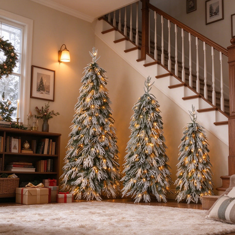 Ensemble de 6 sapins de Noël enneigés en cascade, sapins pleureurs floqués préilluminés avec télécommande, sapins de Noël fins de 1,20 m, 1,50 m et 1,80 m avec 8 modes d'éclairage pour la décoration intérieure des fêtes