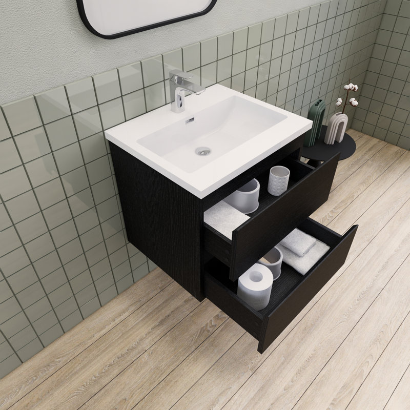 Alcester 23.6'' Single Bathroom Vanity with Resin Top, Black Wood